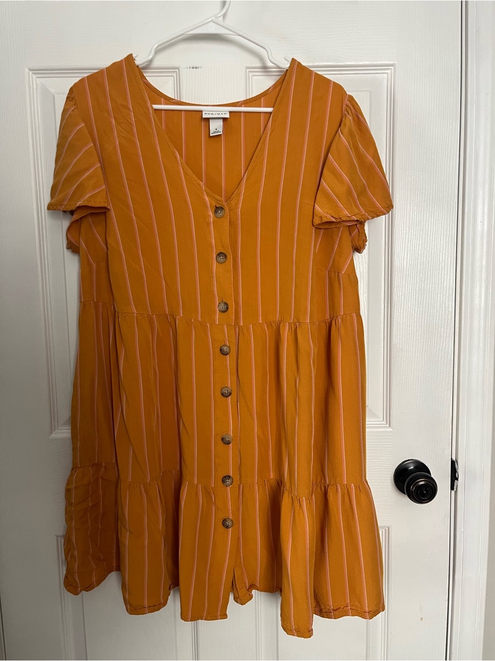 Goldenrod Striped, Short-Sleeved Mini Dress with Buttons